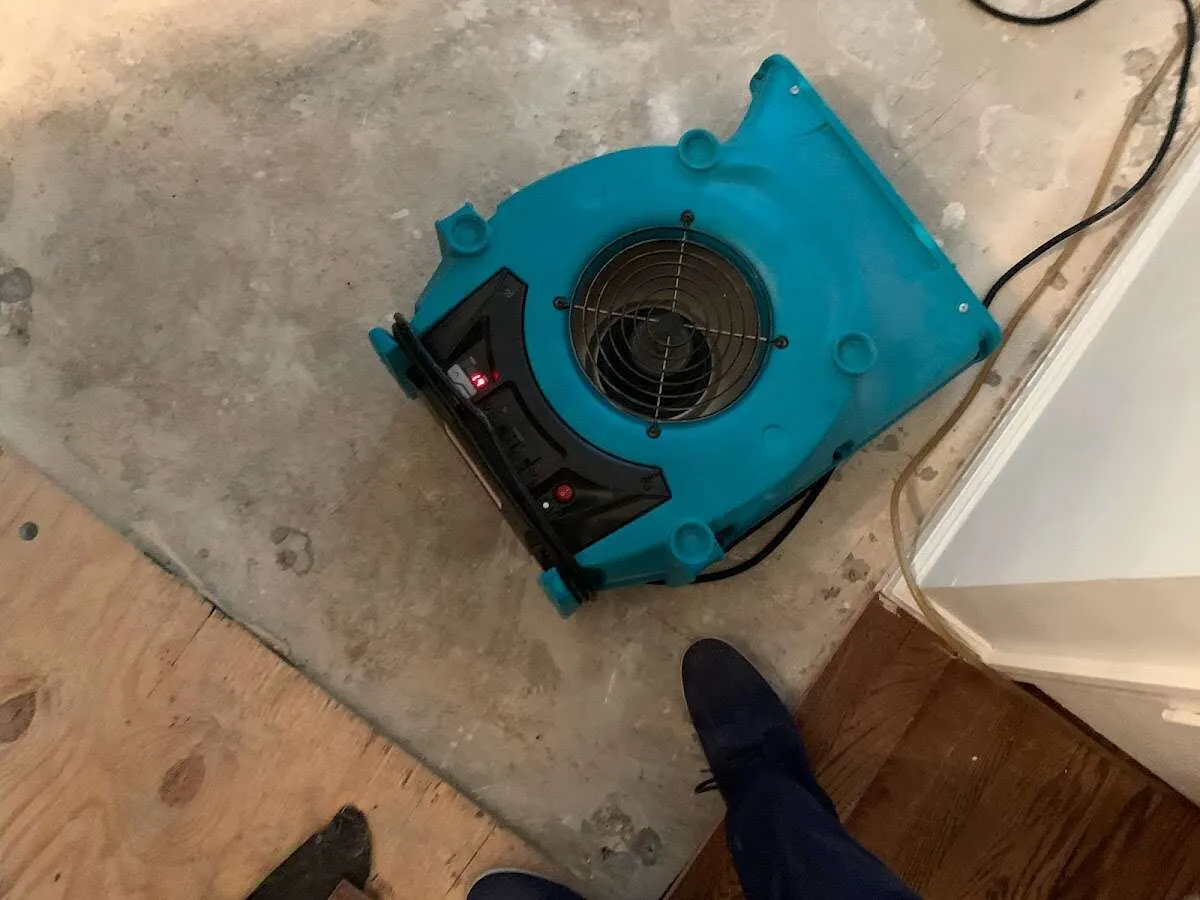 Air mover drying subfloor during Leak Detection & Repair in Whitpain